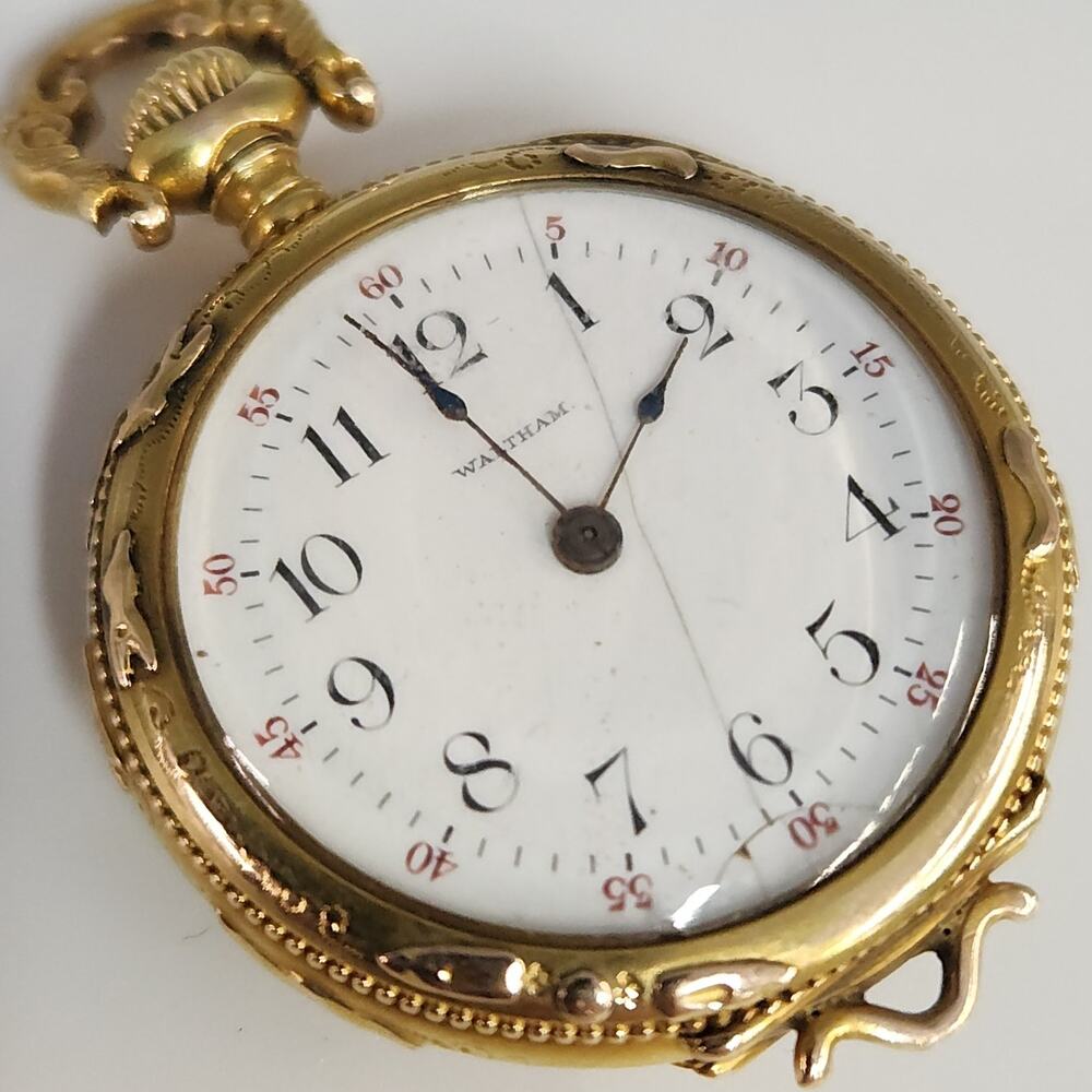 Antique c.1901 Waltham 14k Solid Gold Diamond Manual Wind Pocket Watch